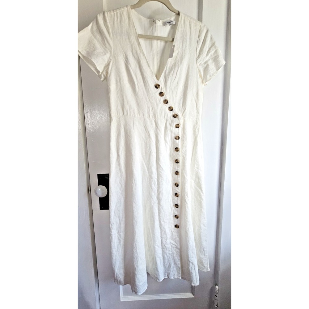 NWT Madewell Linen viscose blend button wrap midi dress lined off white Sz 0